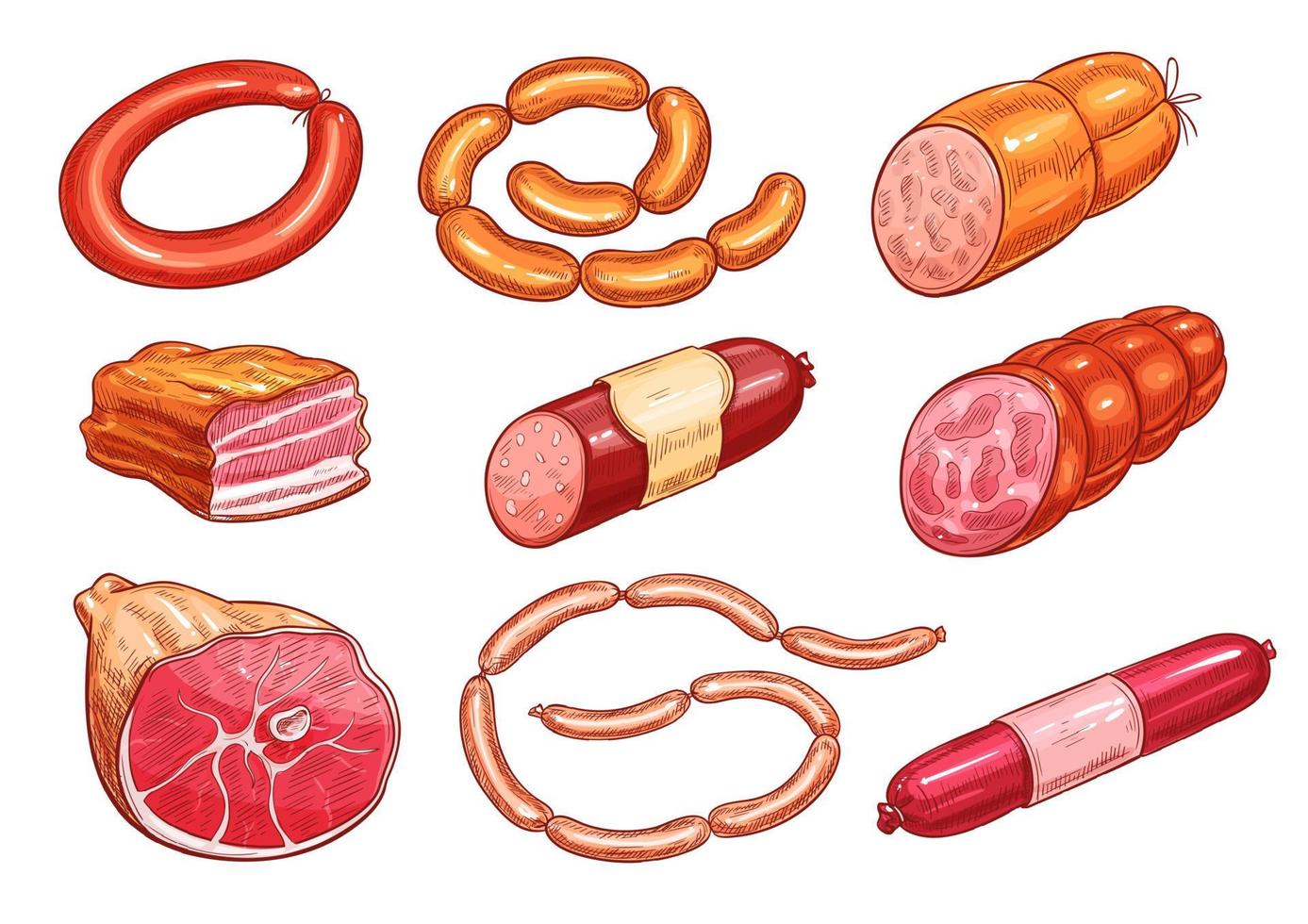 Meat, sausage, bbq product isolate sketch set vector