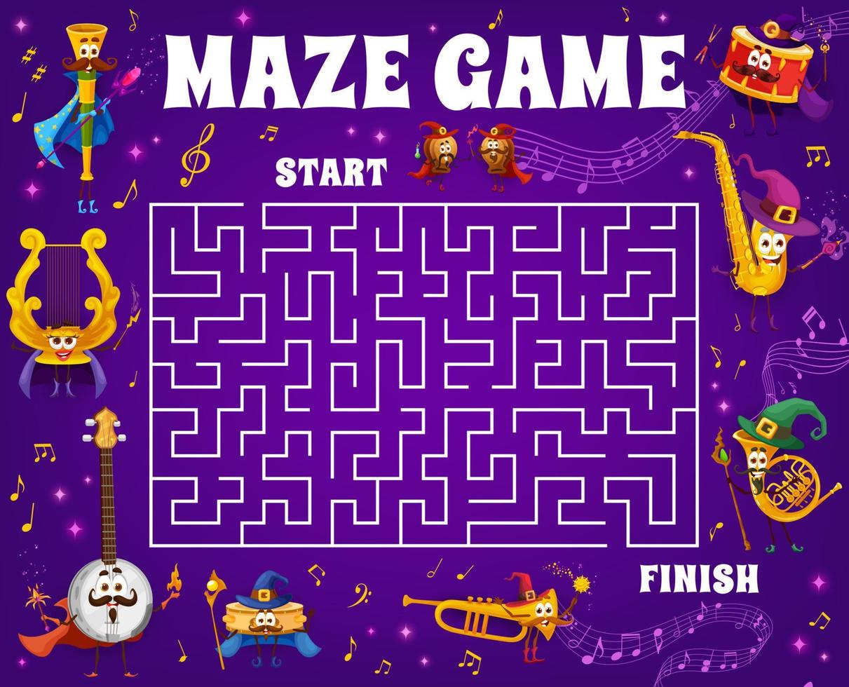Labyrinth maze with wizard musical instruments vector