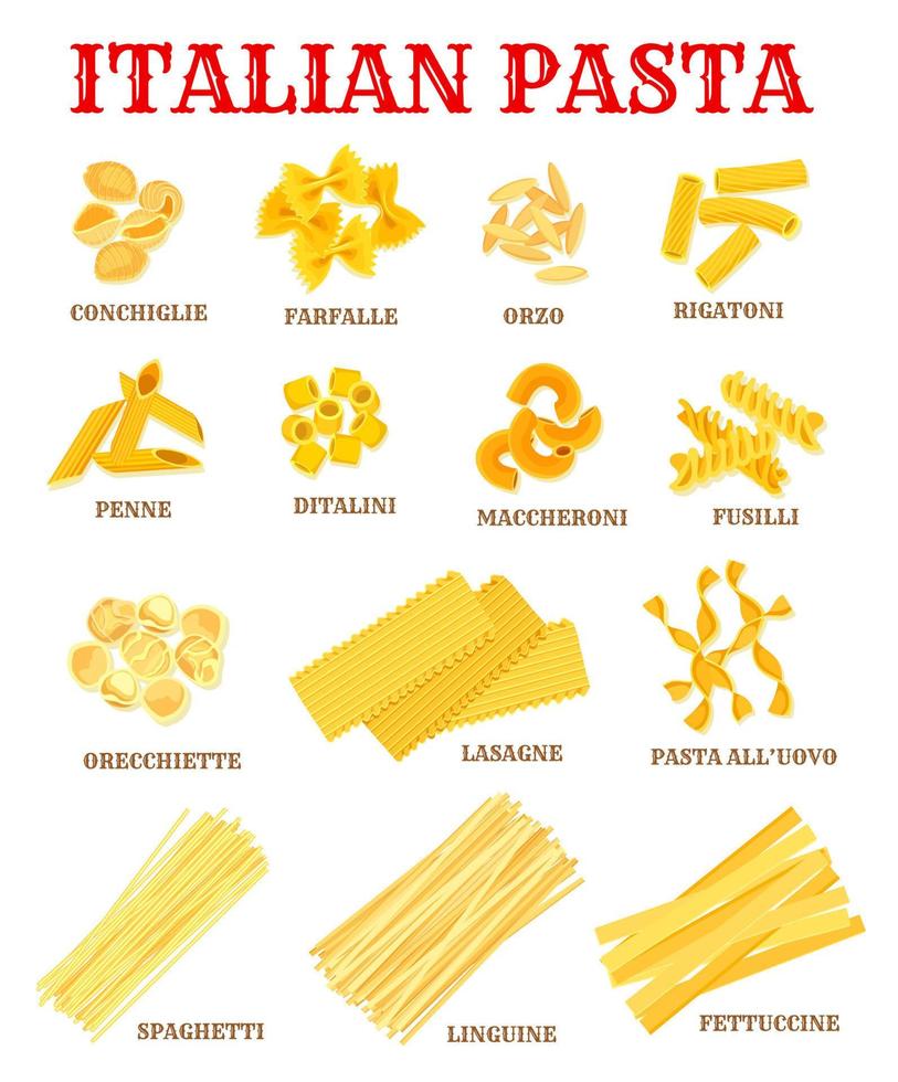 cartel de lista de pasta de cocina italiana para diseño de alimentos vector