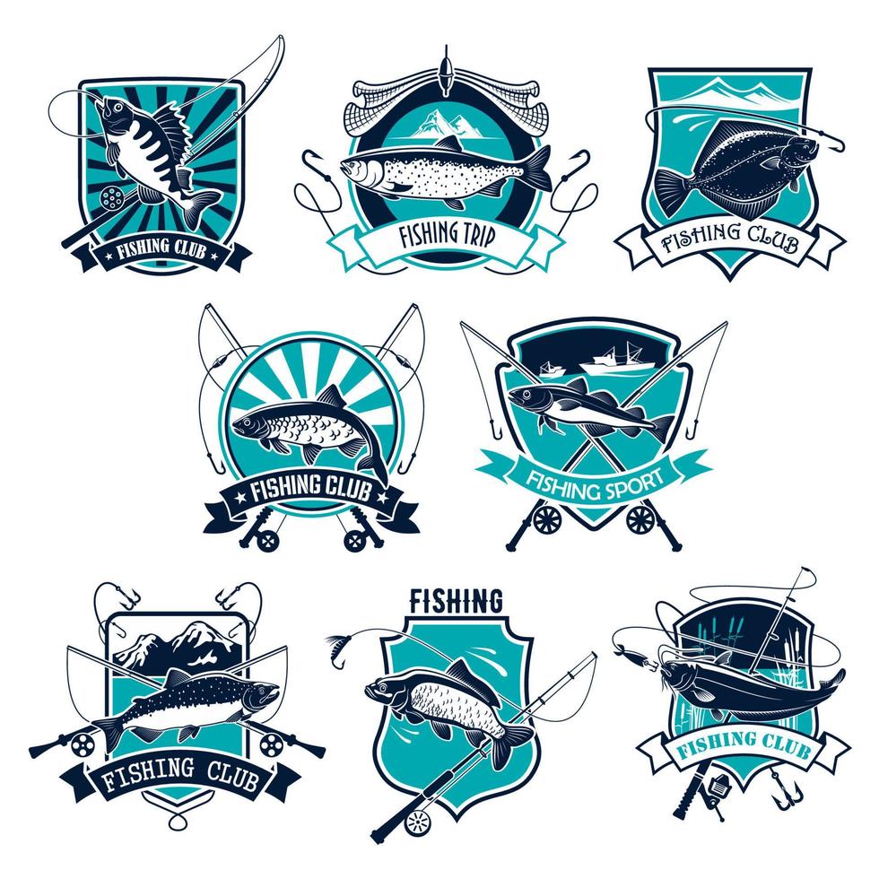 diseño de conjunto de insignias deportivas de pesca con pescado y caña vector