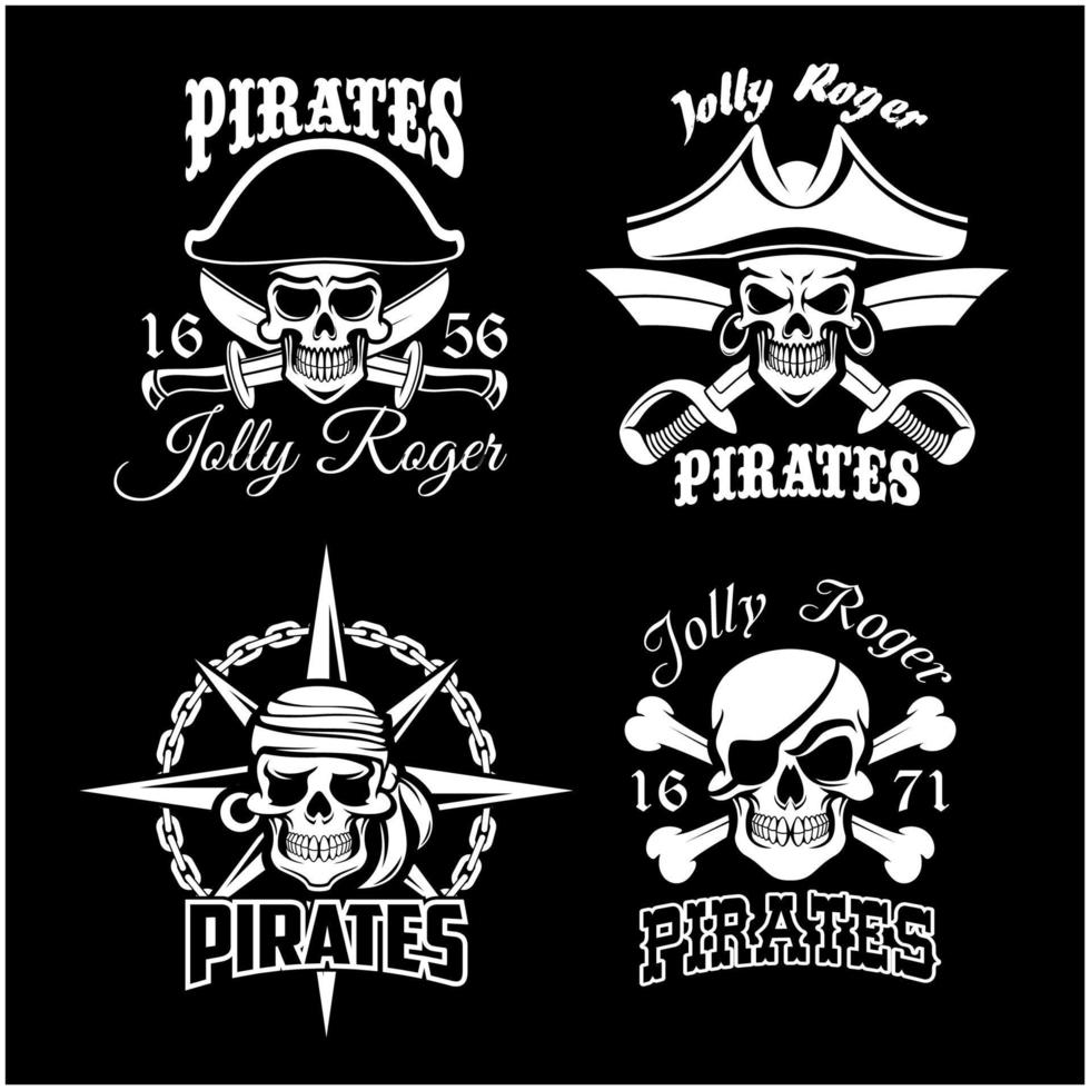 Pirate skull and Jolly Roger flag icon set design vector