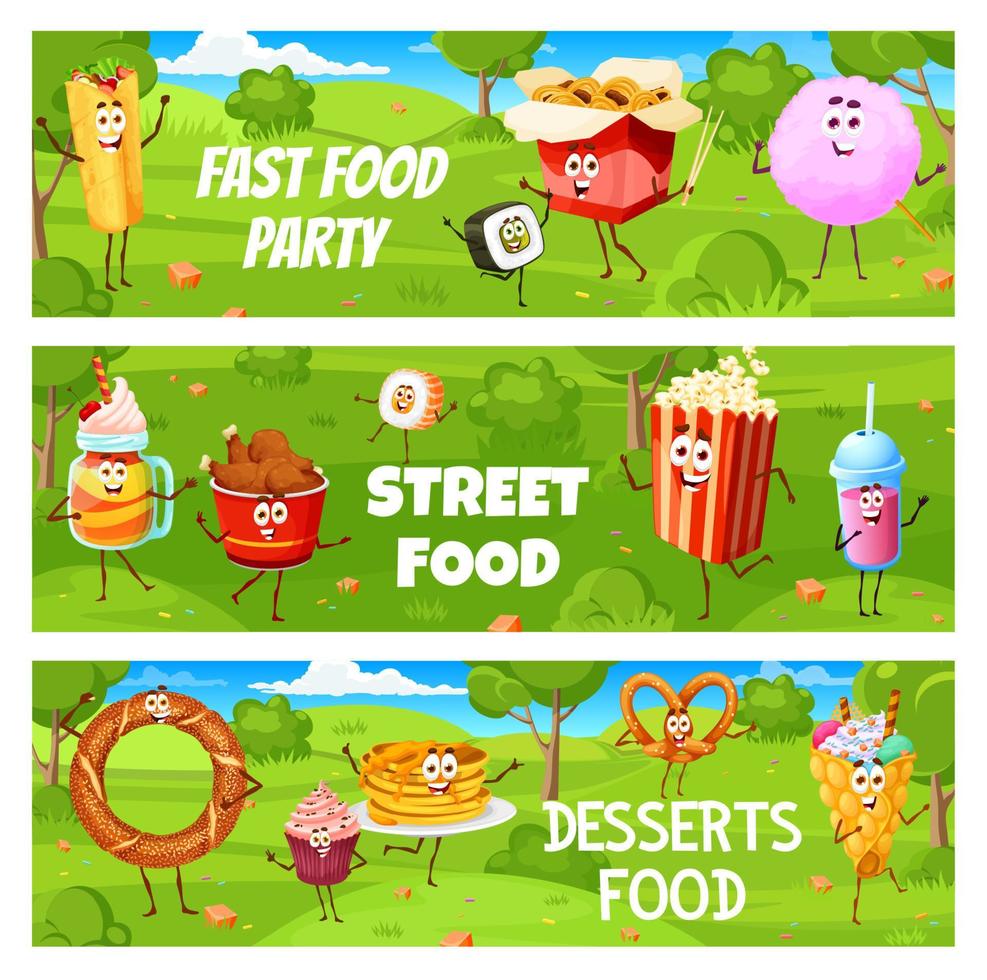 Cartoon fast food and desserts on summer party vector