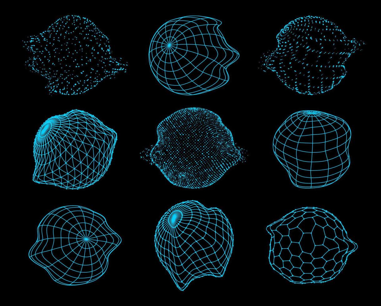 Futuristic sphere shapes, 3D globe wireframe grid vector