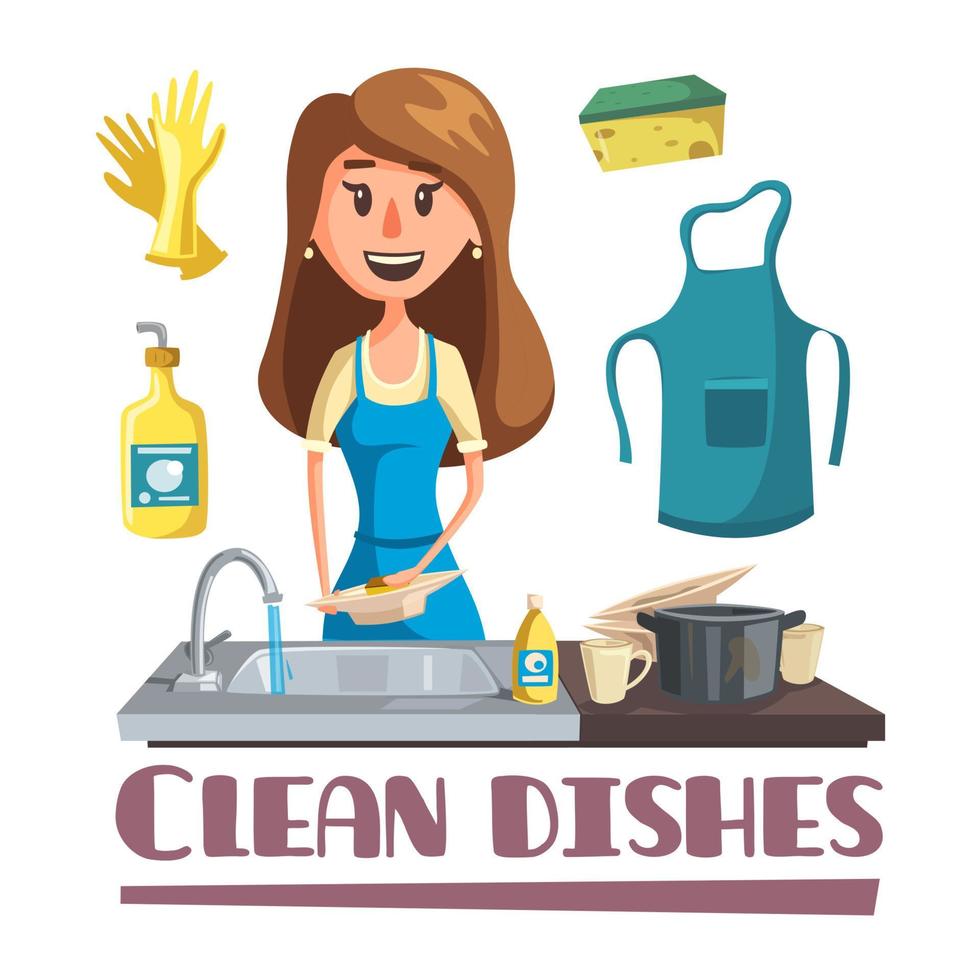 Woman washing dishes by hand in sink poster vector