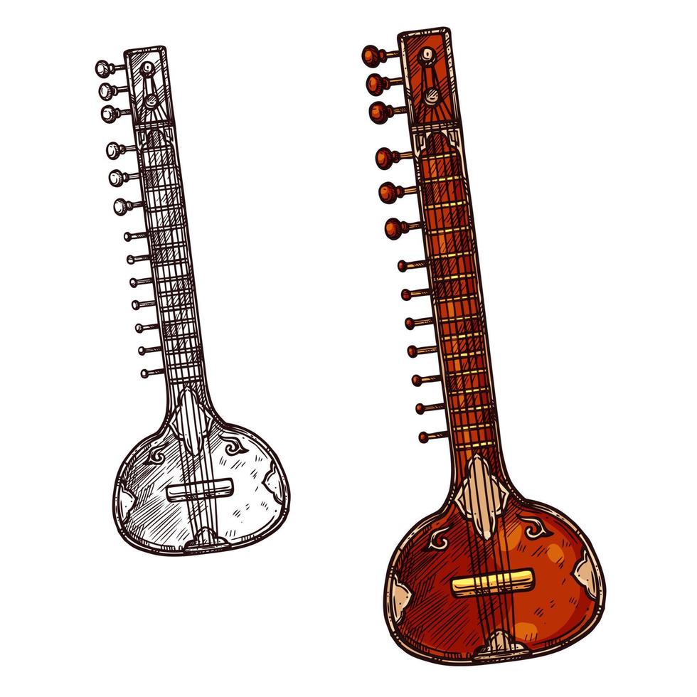 sitar indio instrumento musical boceto aislado vector