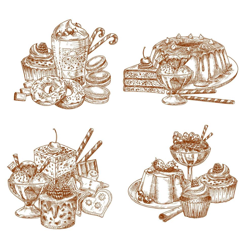 postres y pasteles de boceto vectorial para panadería vector