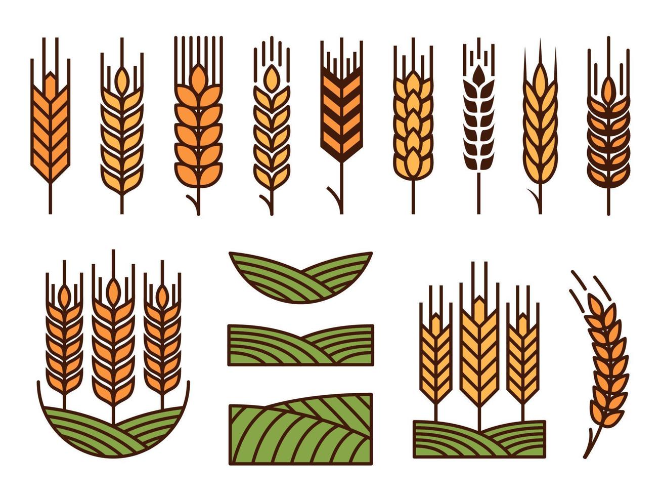 Cereal ear spike icons, wheat barley or rye millet vector