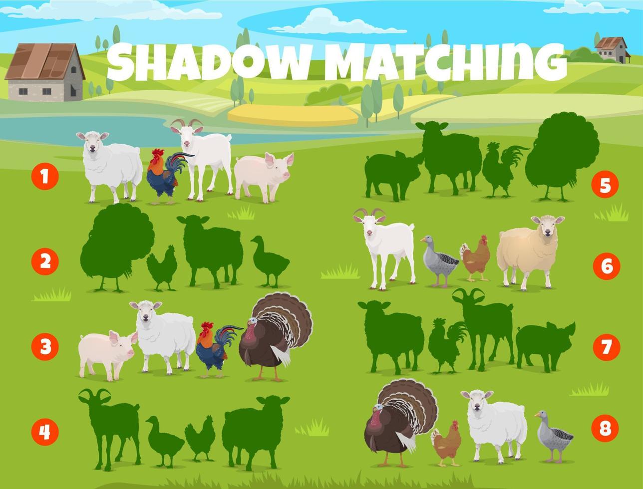 Shadow match game with farm animals and cattle vector