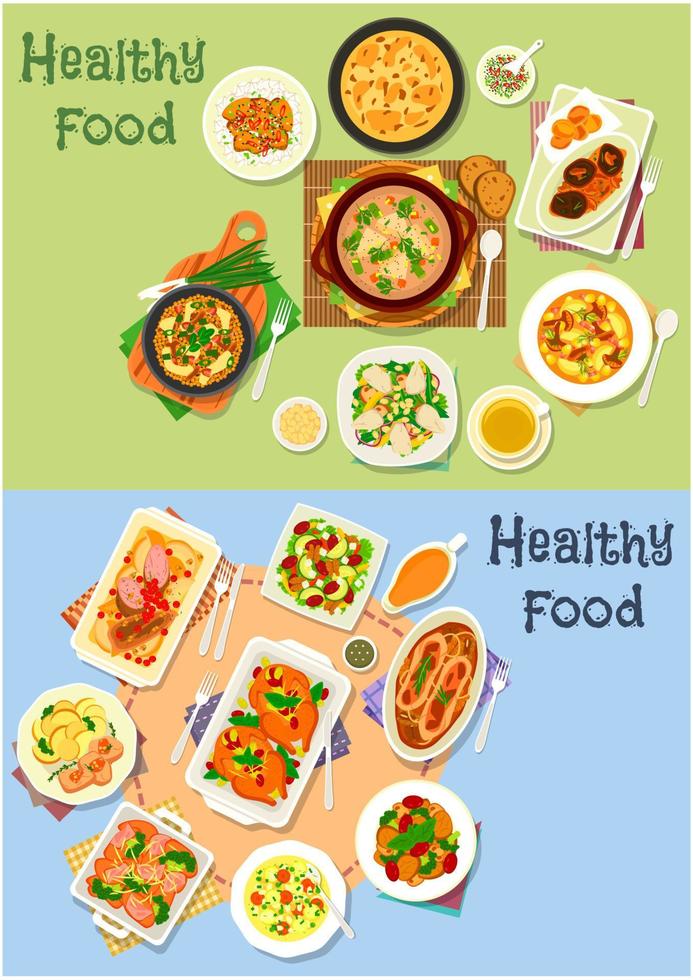 Dinner with meat, veggies and mushroom icon set vector