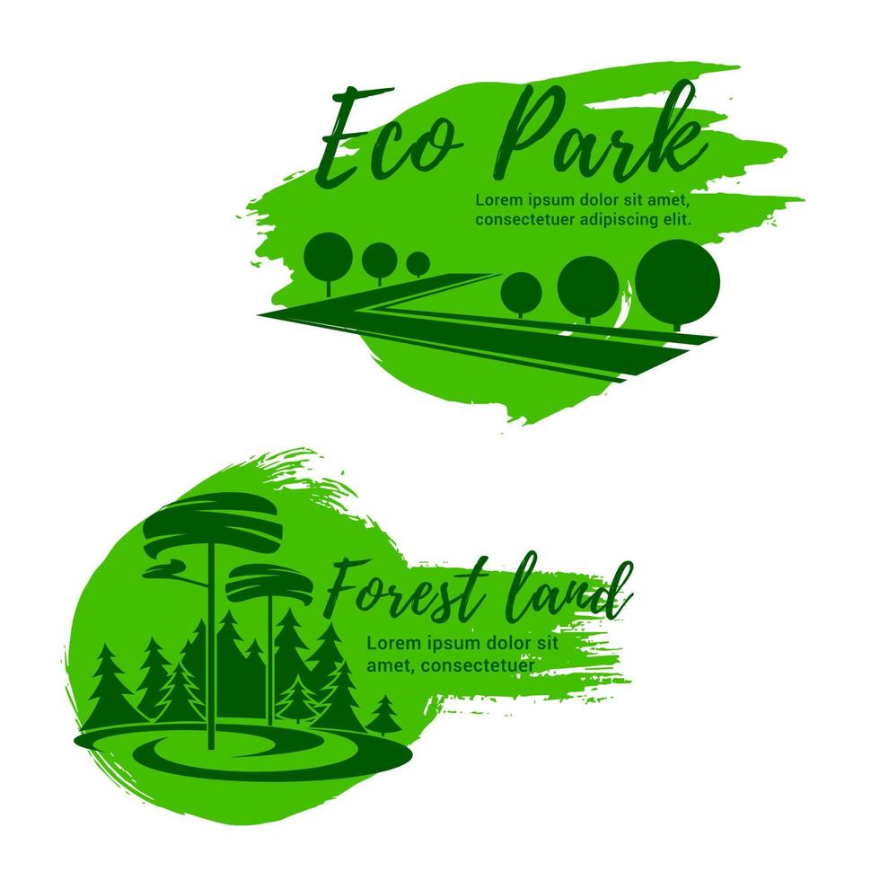 Eco park and green forest landscape icon set vector