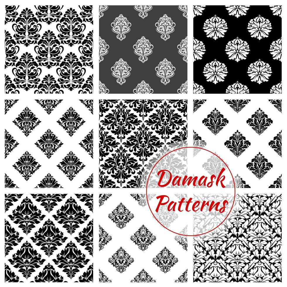 damasco, seamless, patrón, conjunto, con, floral, arabesco vector