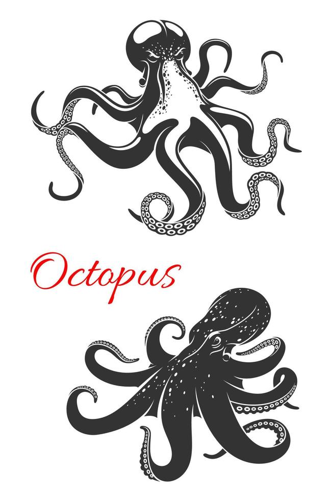 conjunto de iconos de animales marinos de pulpo para el diseño de tatuajes vector