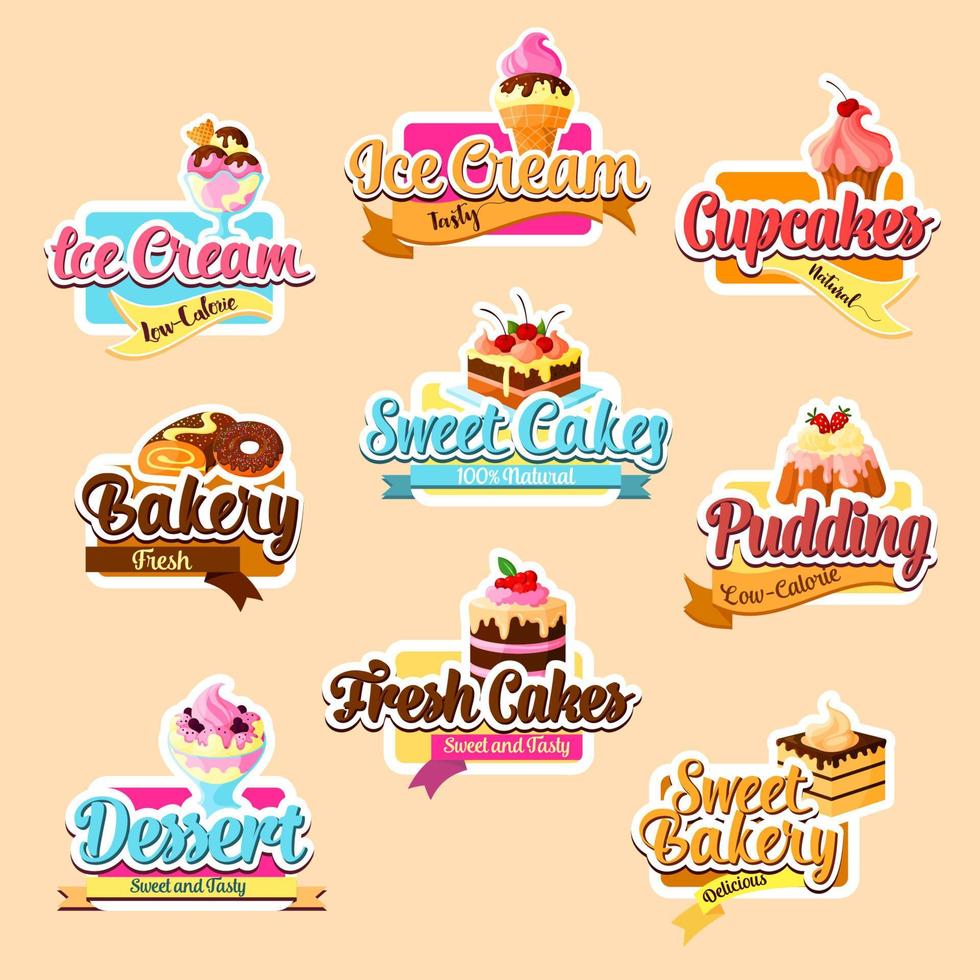 Bakery shop pastry desserts vector stickers set