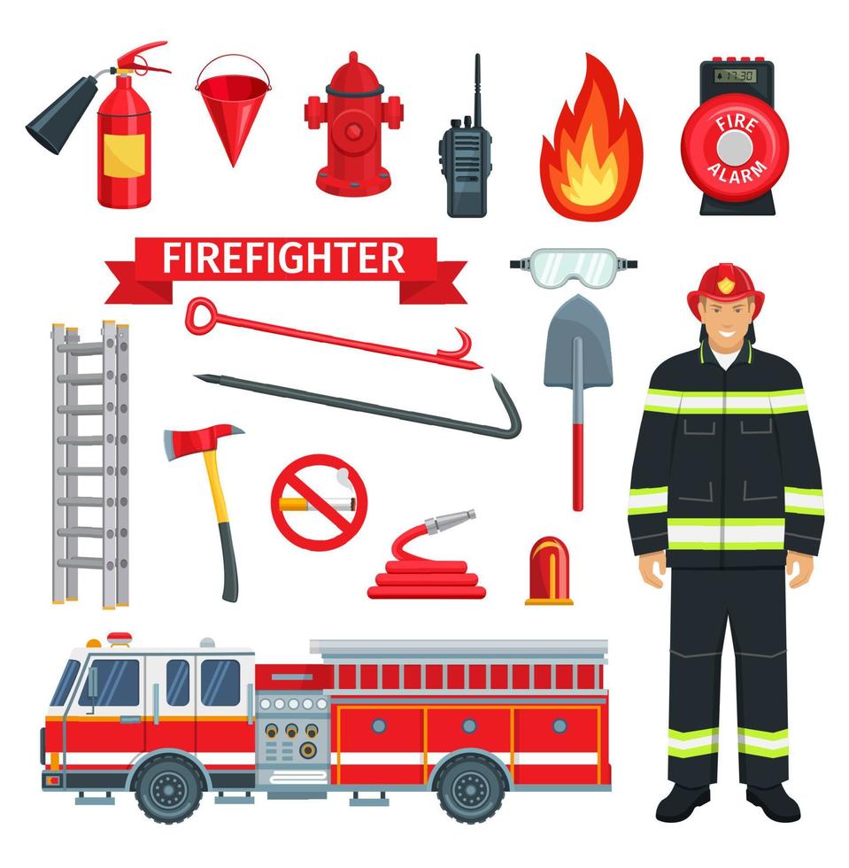 profesión de bombero o bombero vector herramientas
