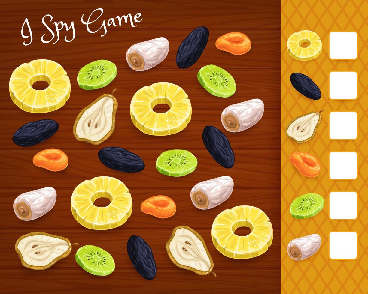 I spy game puzzle worksheet with dried fruits vector