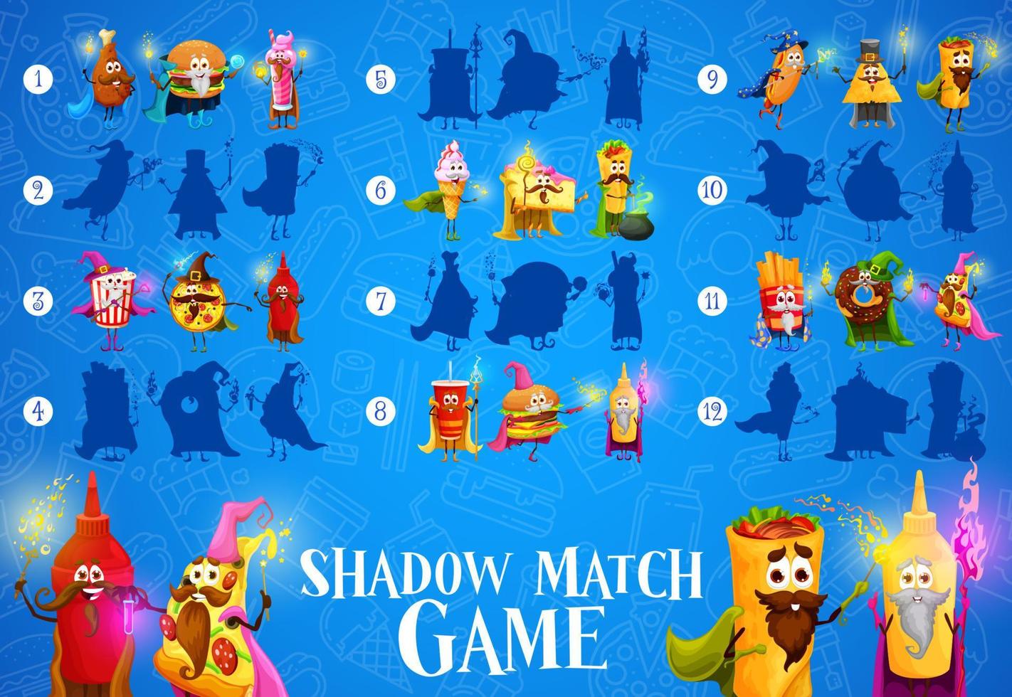 Shadow matching game, cartoon fast food wizards vector