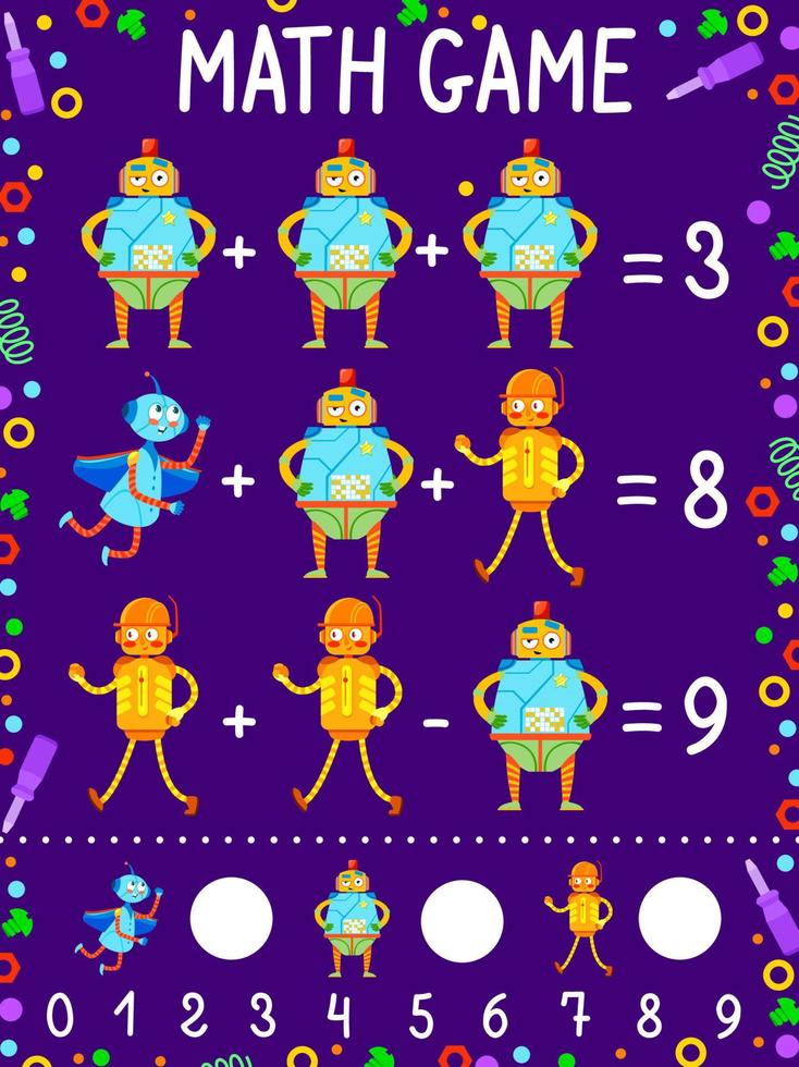 Math game worksheet, cartoon robots and droids vector