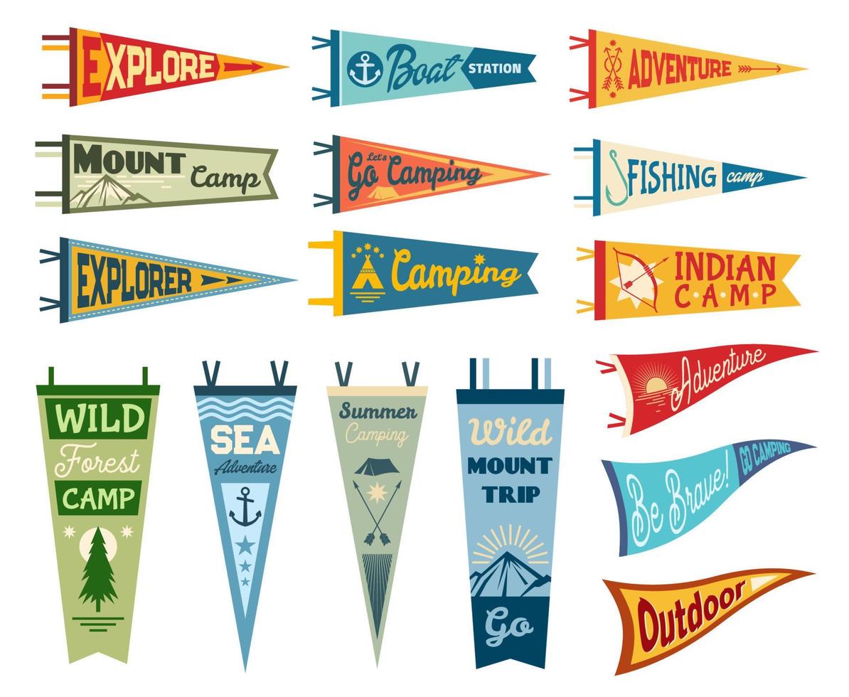Camping pennant flags, outdoor sport club banners vector
