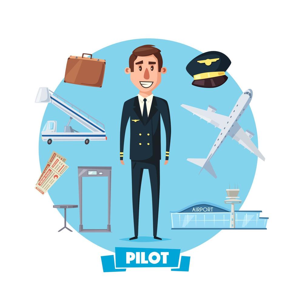 Pilot profession man and vector flight items