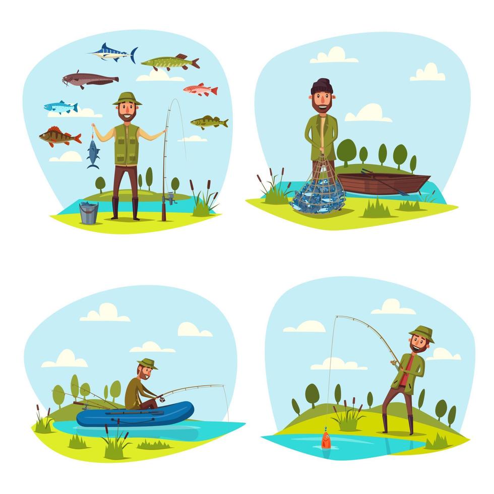 Fisher man fishing vector big fish catch