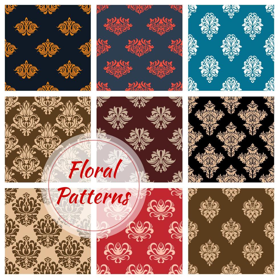 Floral damask ornament seamless vector patterns