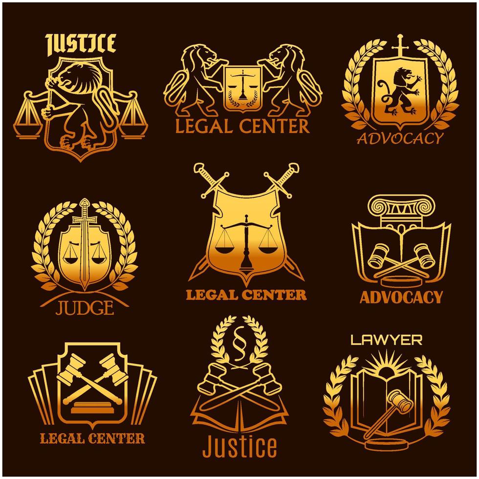 Advocacy lawyer vector gold icons of legal justice
