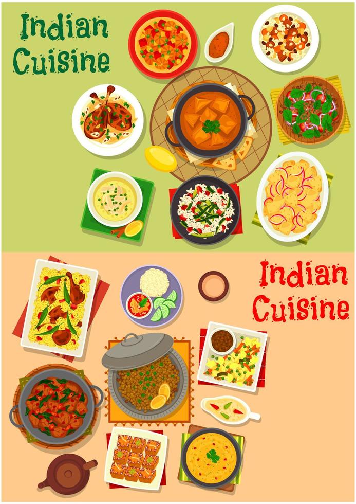 Indian cuisine dinner dishes menu icon set design vector