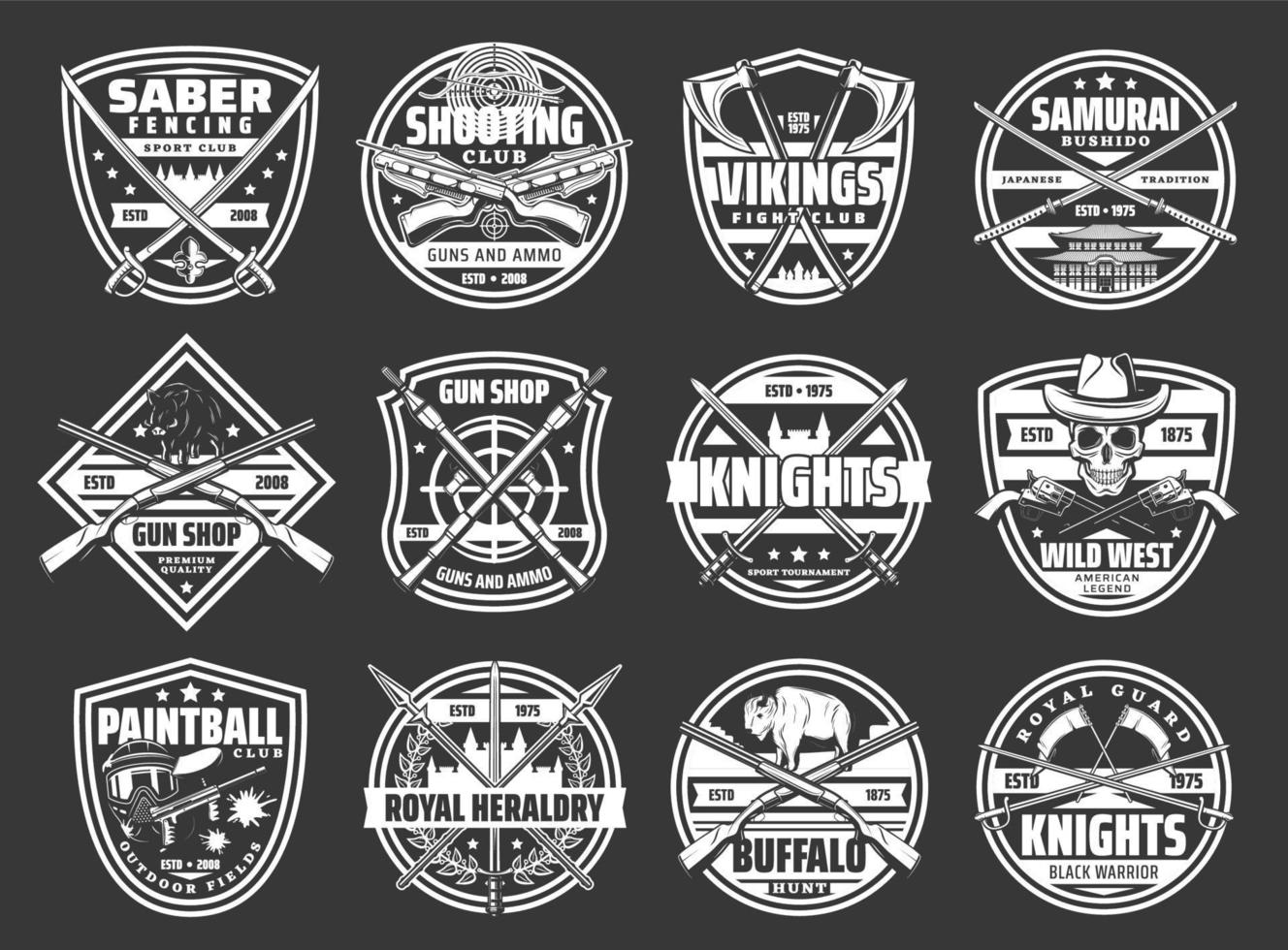 Cold and firearm weapons vector retro icons
