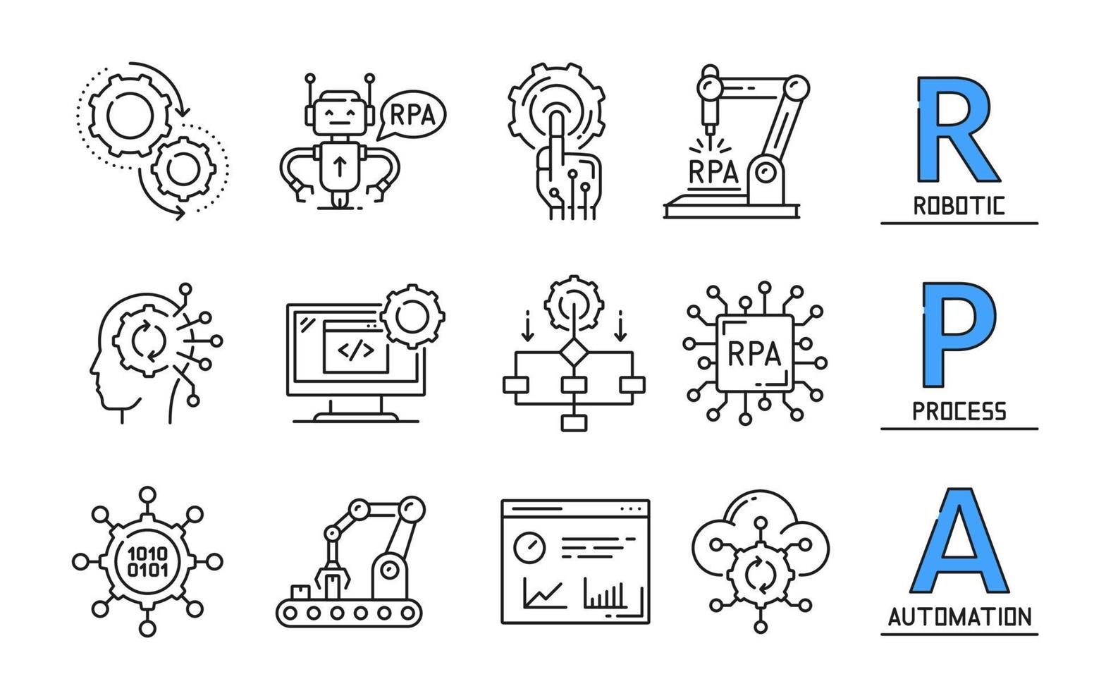 RPA icons, robotic automation process technology vector