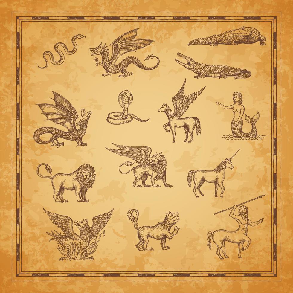 personajes de mapa vintage de unicornio, dragón, pegaso vector