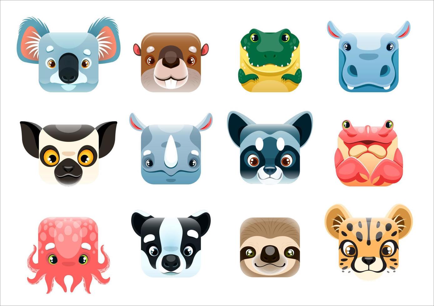 dibujos animados kawaii caras de animales y emoticones de sonrisas vector