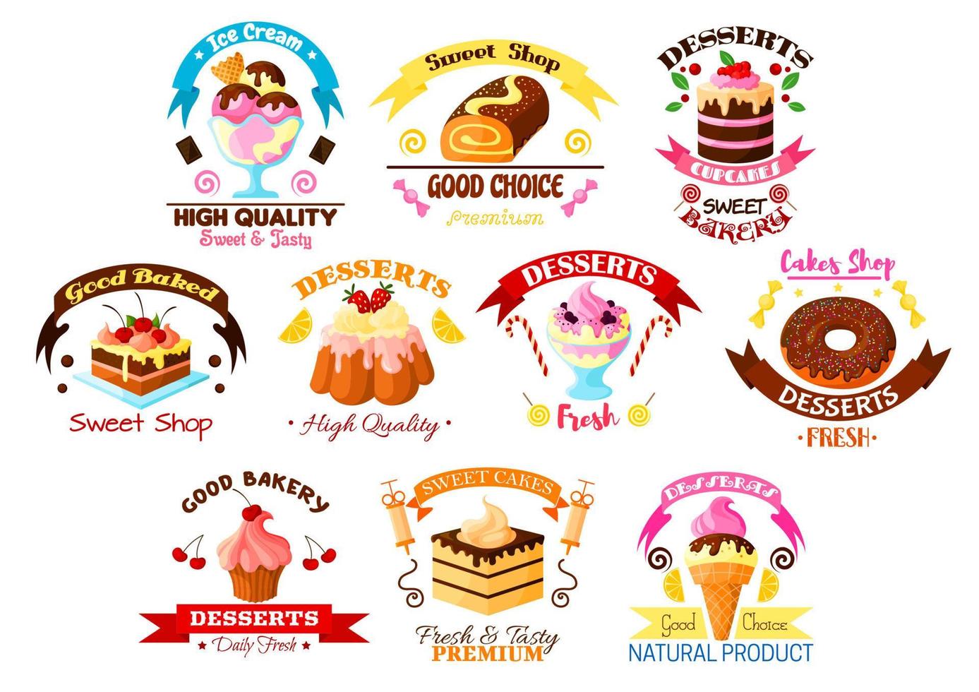 Desserts and cakes vector icons or emblems set