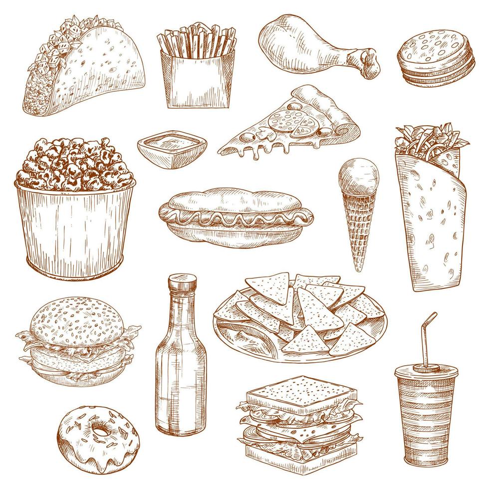 Fast food sketch vector icons meal, snacks, drinks