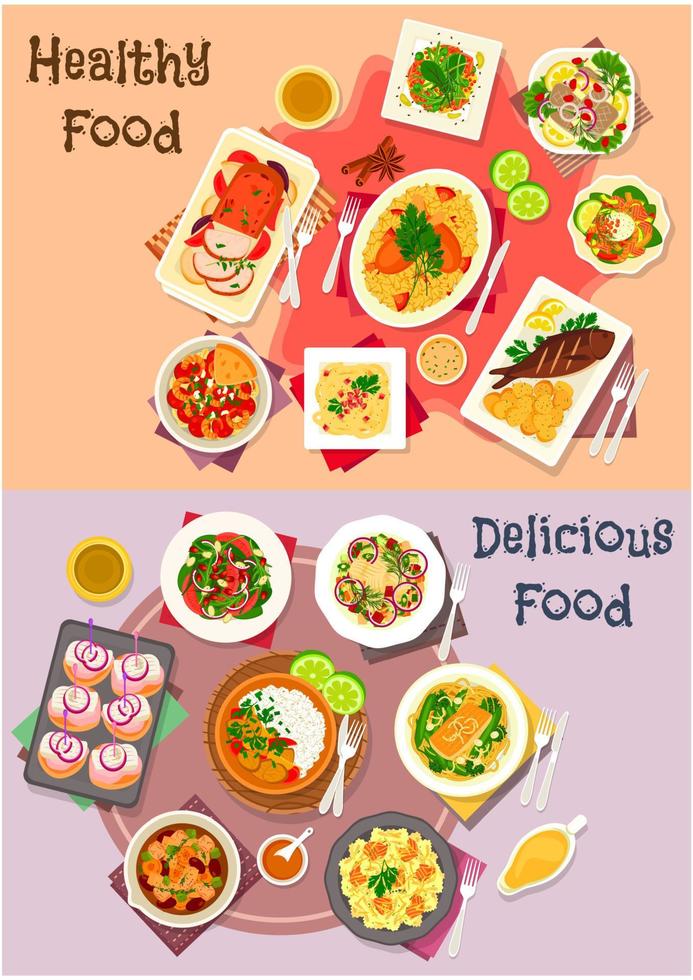 Meat dishes with seafood and veggies salad icon vector