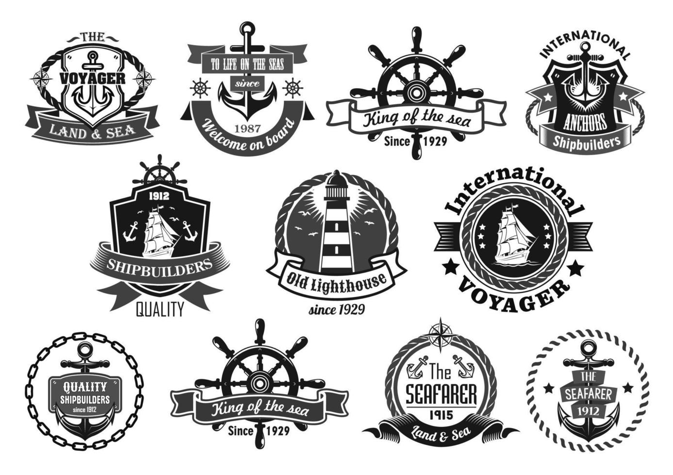 Sea emblem set with anchor, helm, sailing ship vector