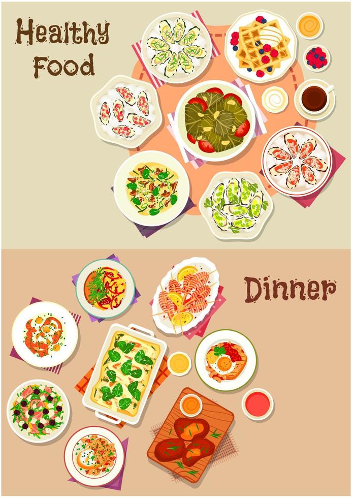 Tasty dinner dishes icon set for food theme design vector