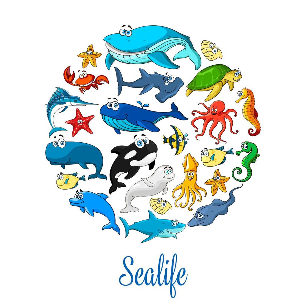 Sea ocean cartoon animals, fishes vector poster