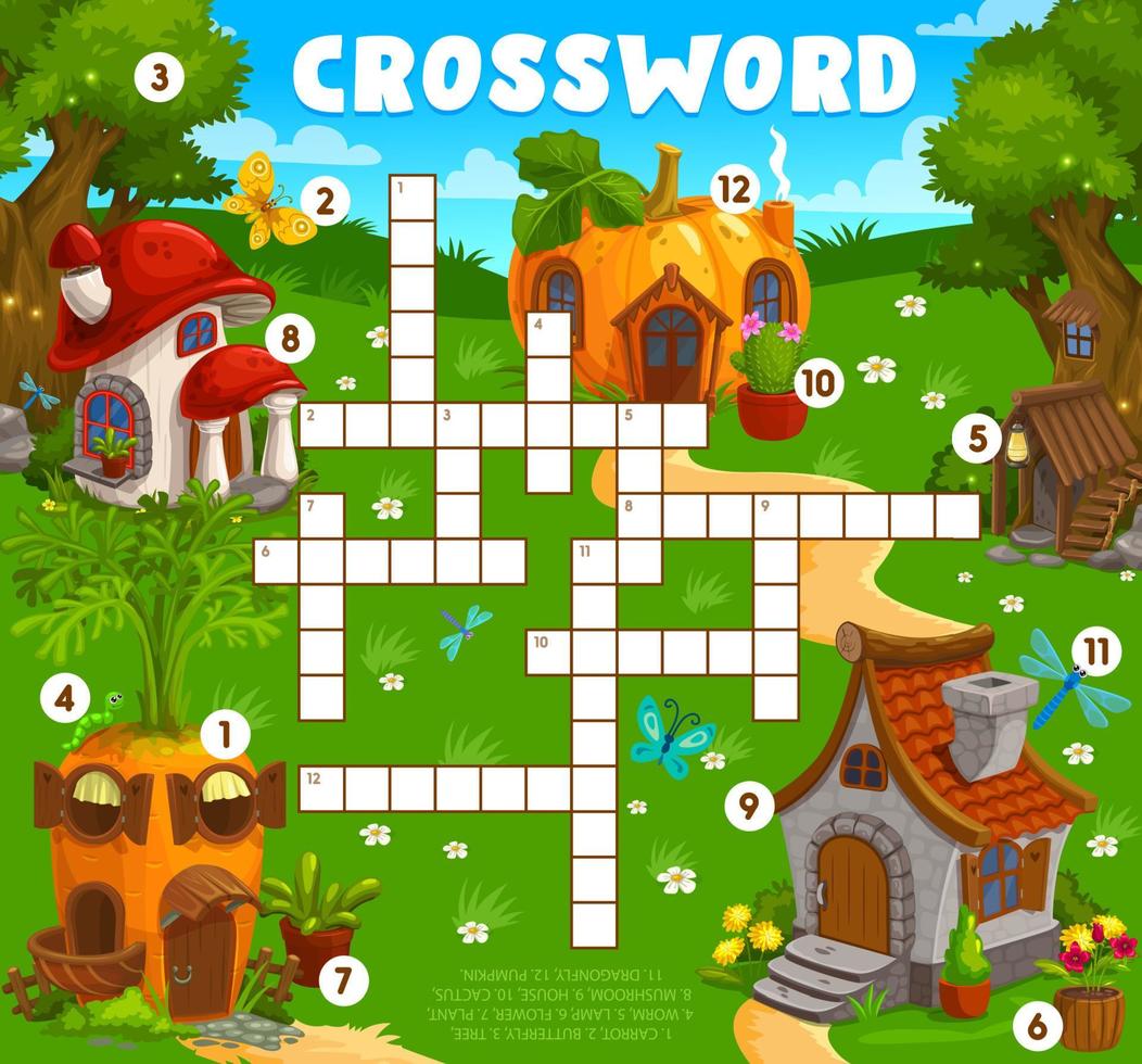 Crossword grid worksheet, gnome and elf houses vector