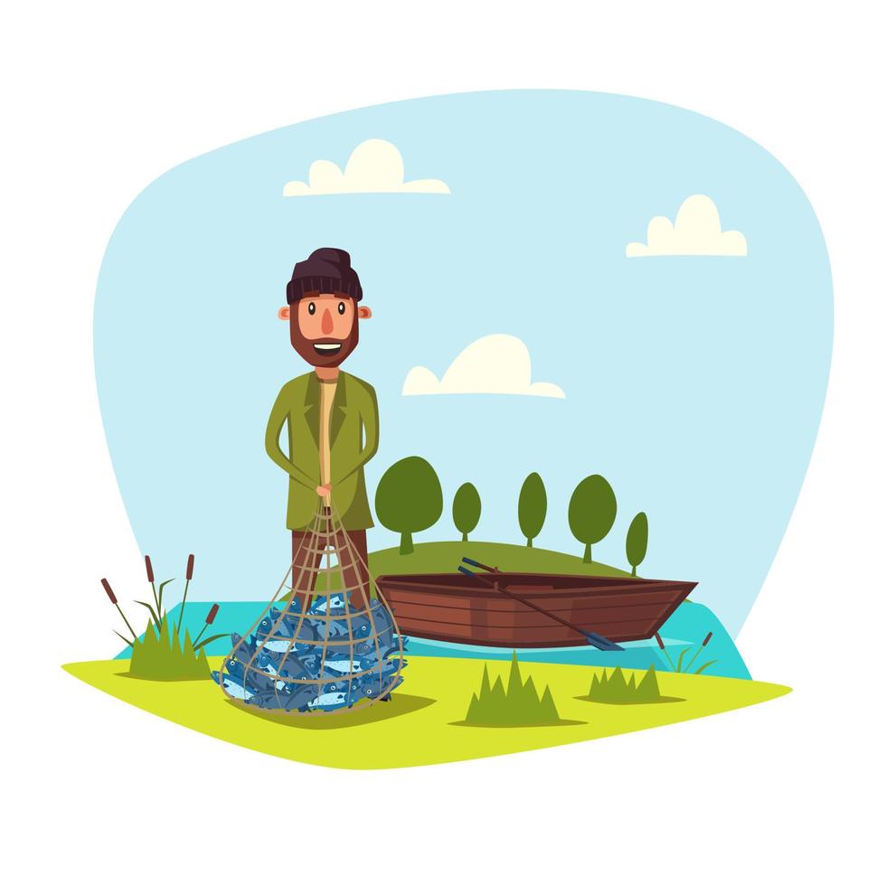 hombre pescador con vector de captura de peces