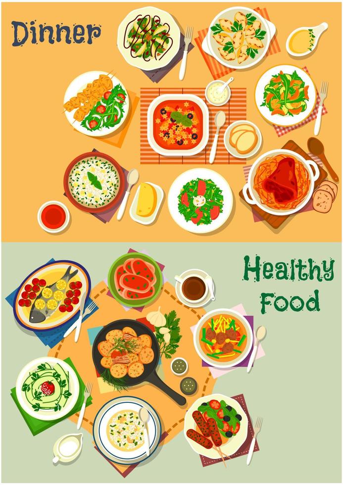 Healthy lunch and dinner food icon set design vector