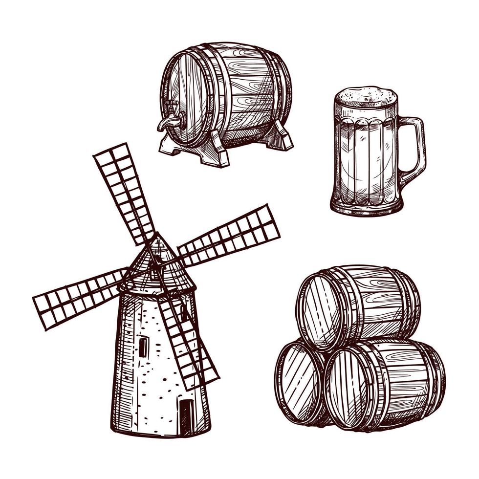 Beer barrel, glass and windmill sketch set vector