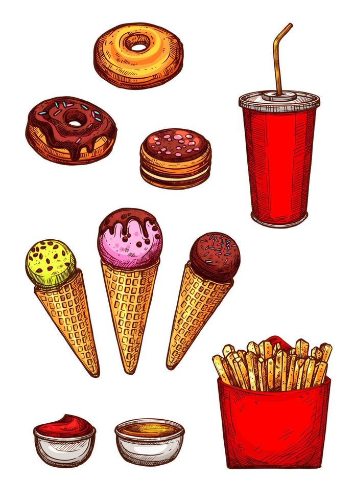 Fast food lunch sketch with fries, soda, dessert vector