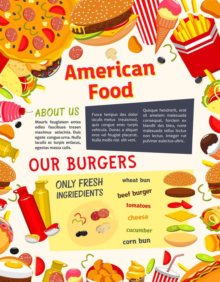 Vector fast food meals, snacks and drinks poster