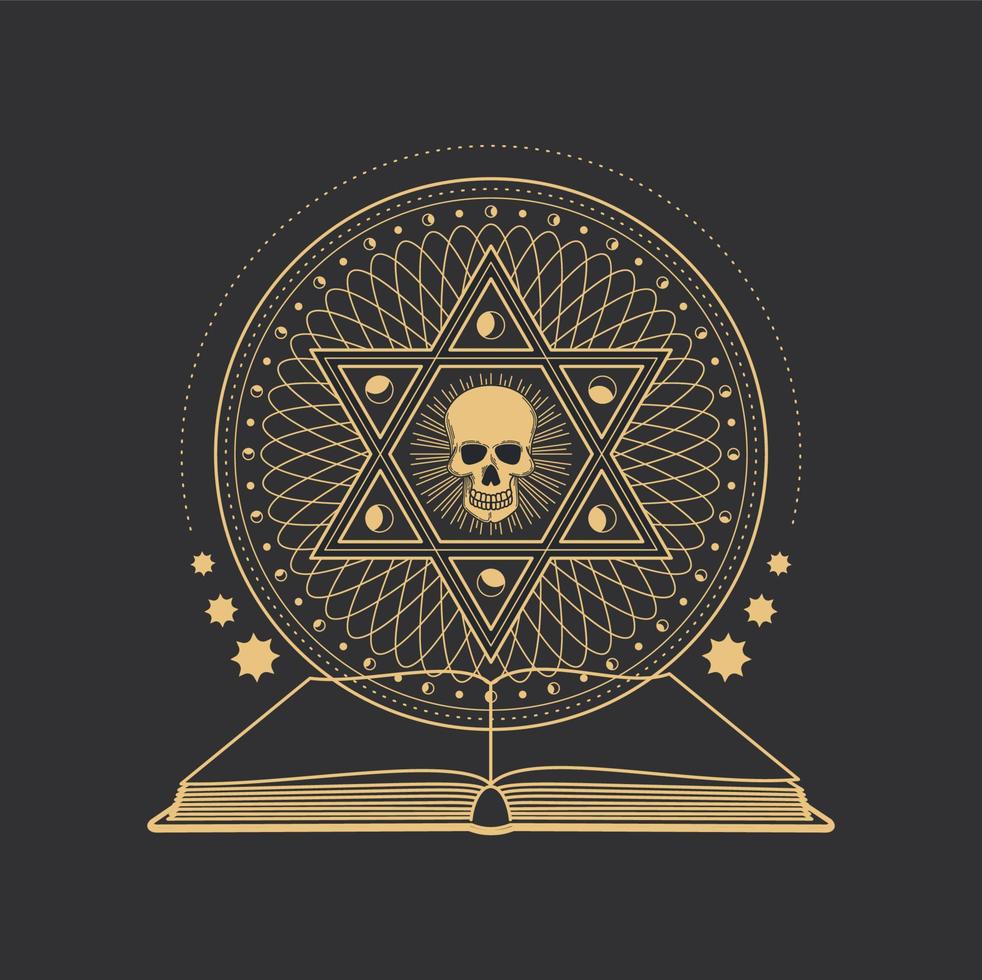 pentagrama oculto, calavera y libro de magia negra vector