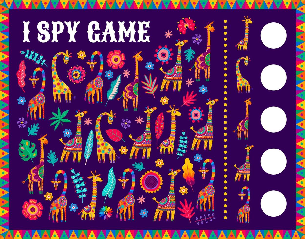 I spy kids game worksheet with african giraffes vector