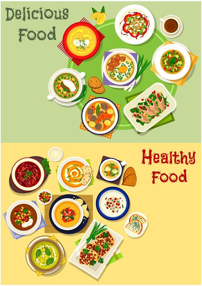 Soup dishes icon set for dinner, lunch menu design vector