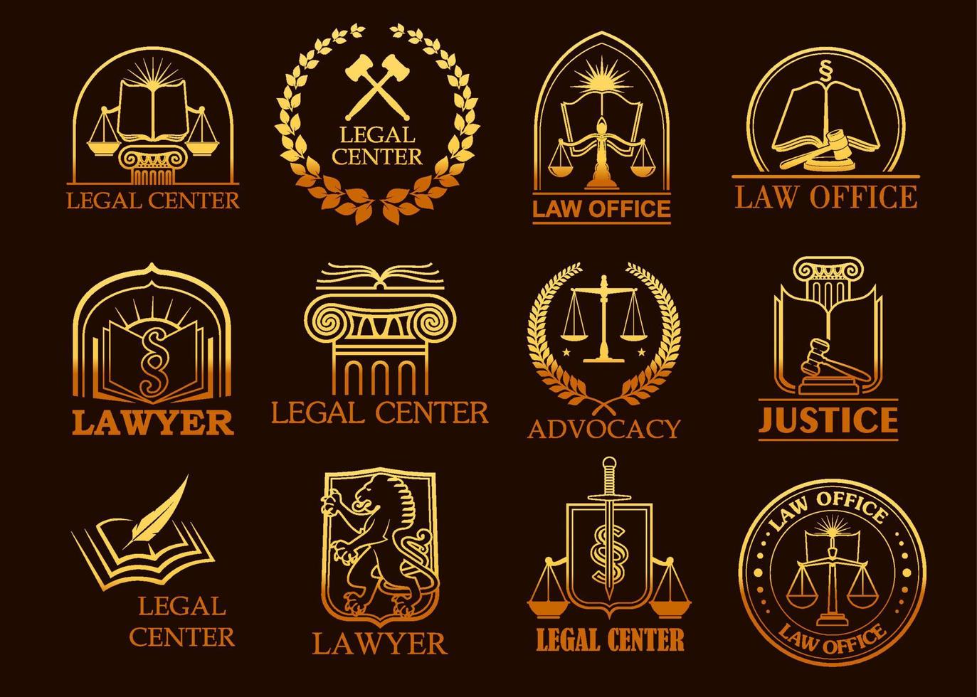 Legal center or lawyer vector juridical gold icons