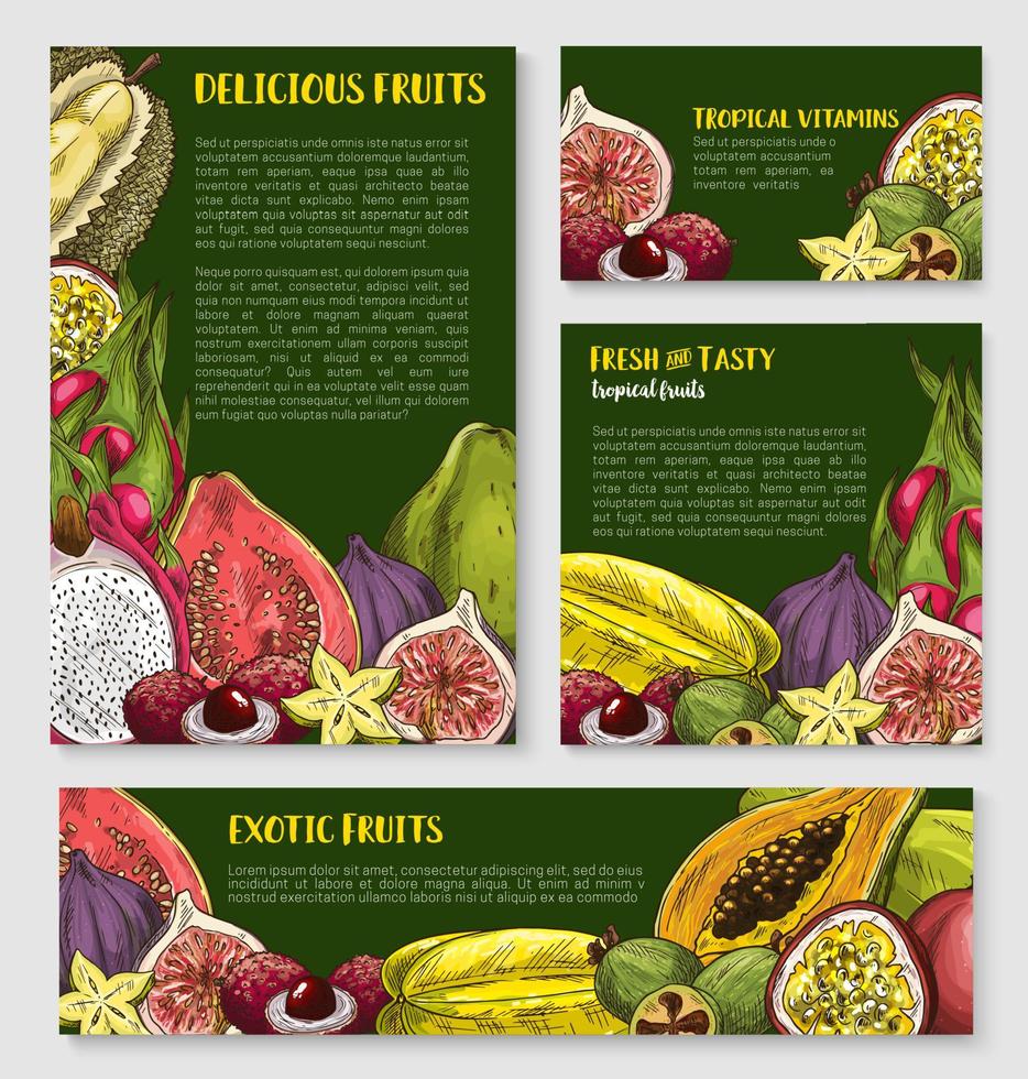 Exotic tropical fruit banner, poster template set vector