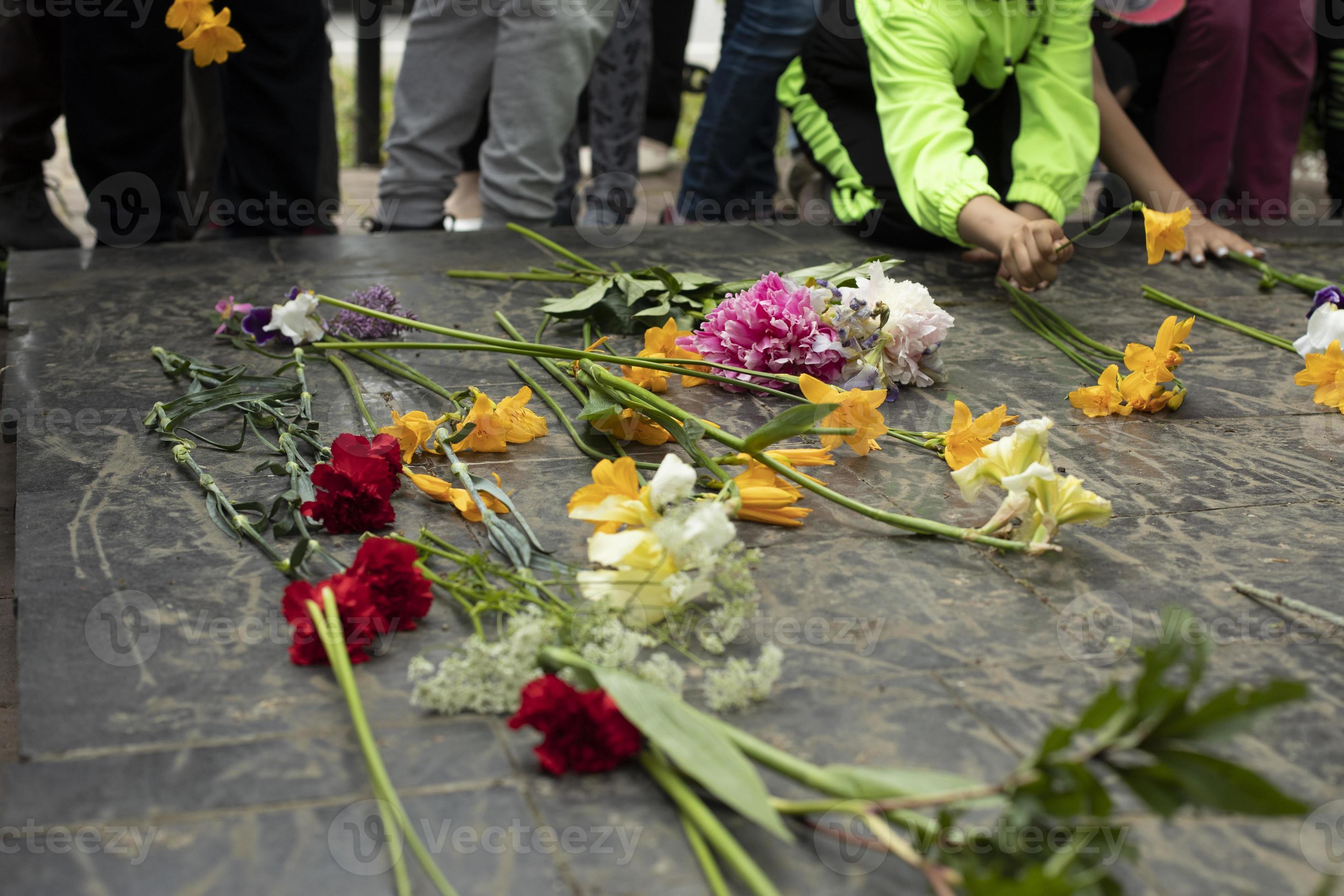 Laying flowers on tombstone. Flowers at ceremony. Grave of