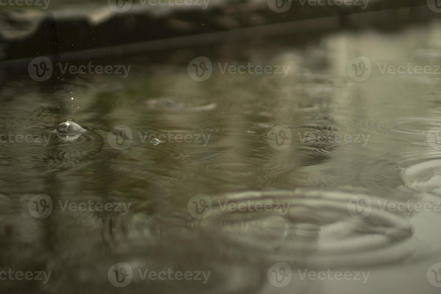 Rain outside. Large puddle in yard. Wet weather. Surface of puddle. photo